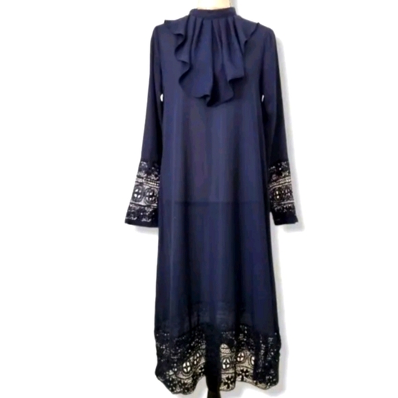 SHEIN Navy Smocked Midi Dress Ruffle Collar Lace Trim XS - Picture 3 of 17